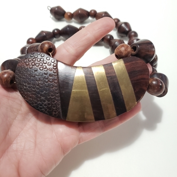 Vintage Chunky Wooden and Brass Statement Necklace - Picture 2 of 12